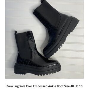 Zara Black Lug Sole Croc Embossed Ankle Boots 6/36
